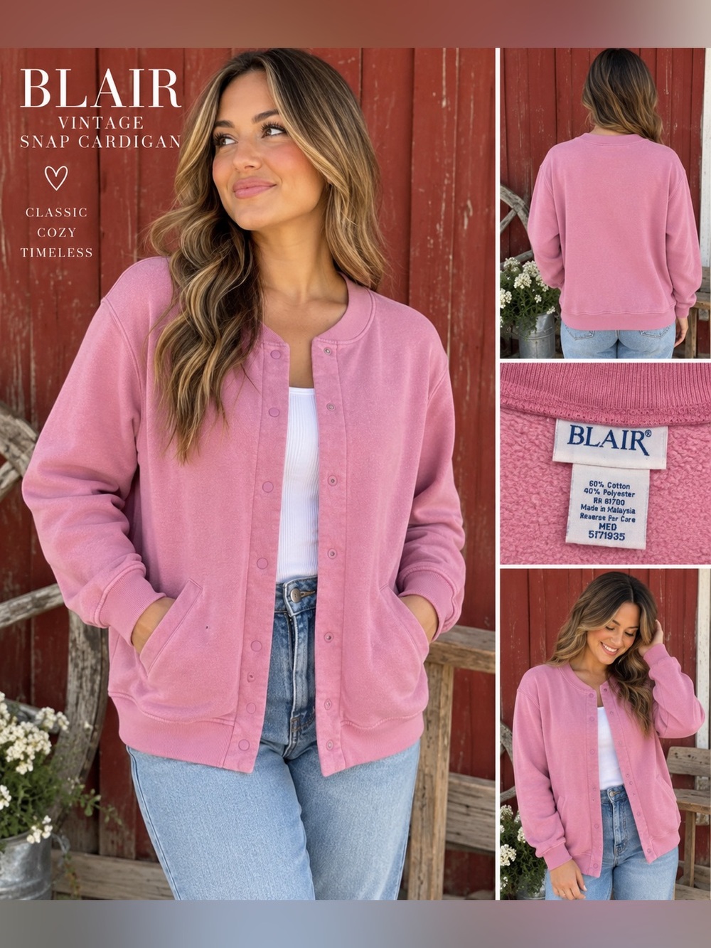 Vintage Blair Pink Snap Front Fleece Cardigan Sweatshirt Jacket 90s